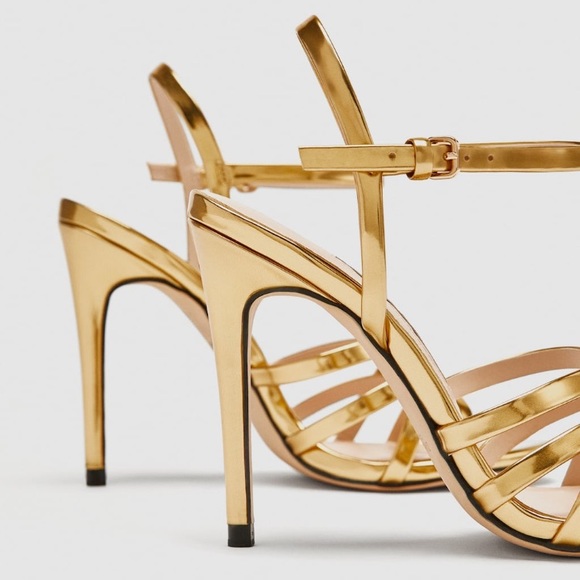 NWT • Zara • Laminated Gold Strappy Sandals - Picture 5 of 8